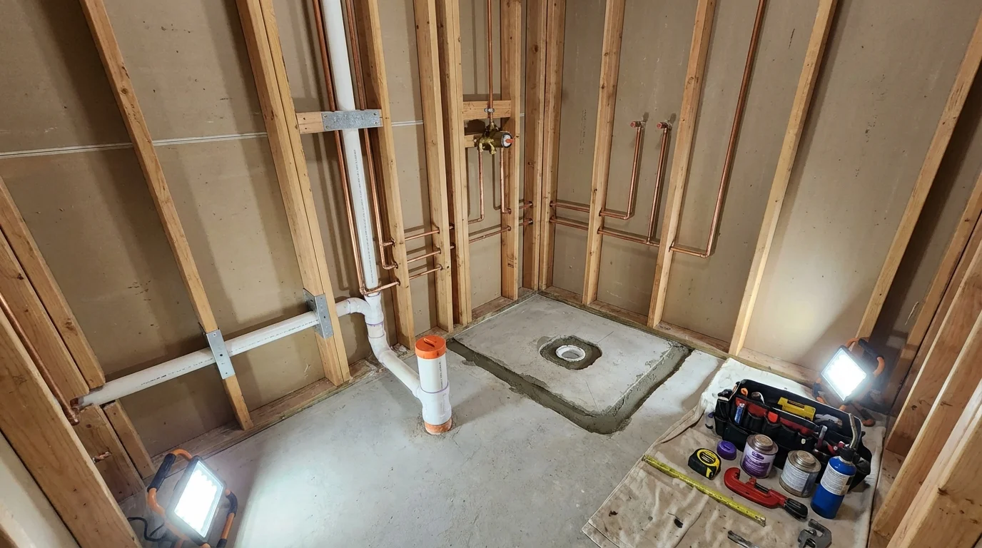 Bathroom rough-in plumbing during remodel by Johns Plumbing LLC in Ashtabula