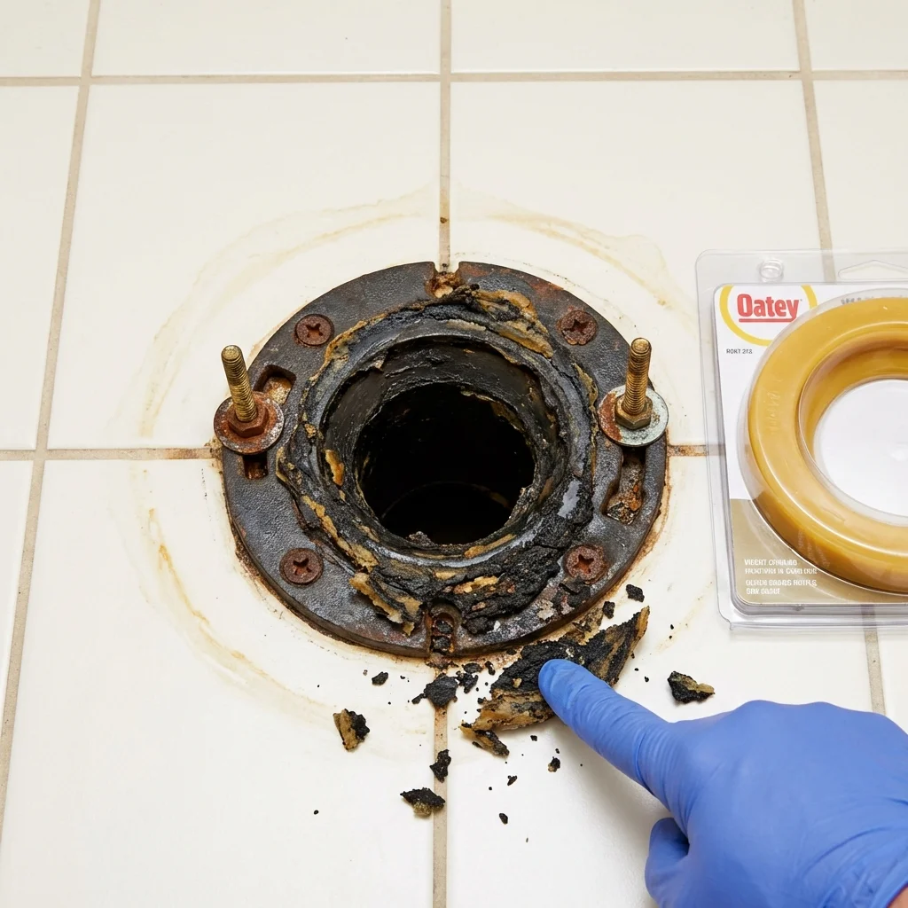 Failed wax ring showing water seepage at the base of a toilet in a Ashtabula, OH home