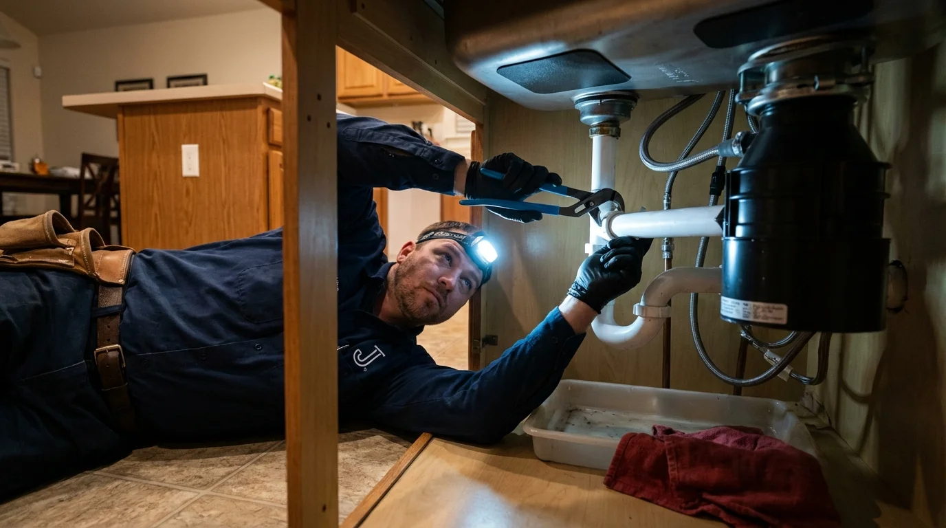 P-trap and supply line connections under a kitchen sink showing a common leak point in Ashtabula, OH